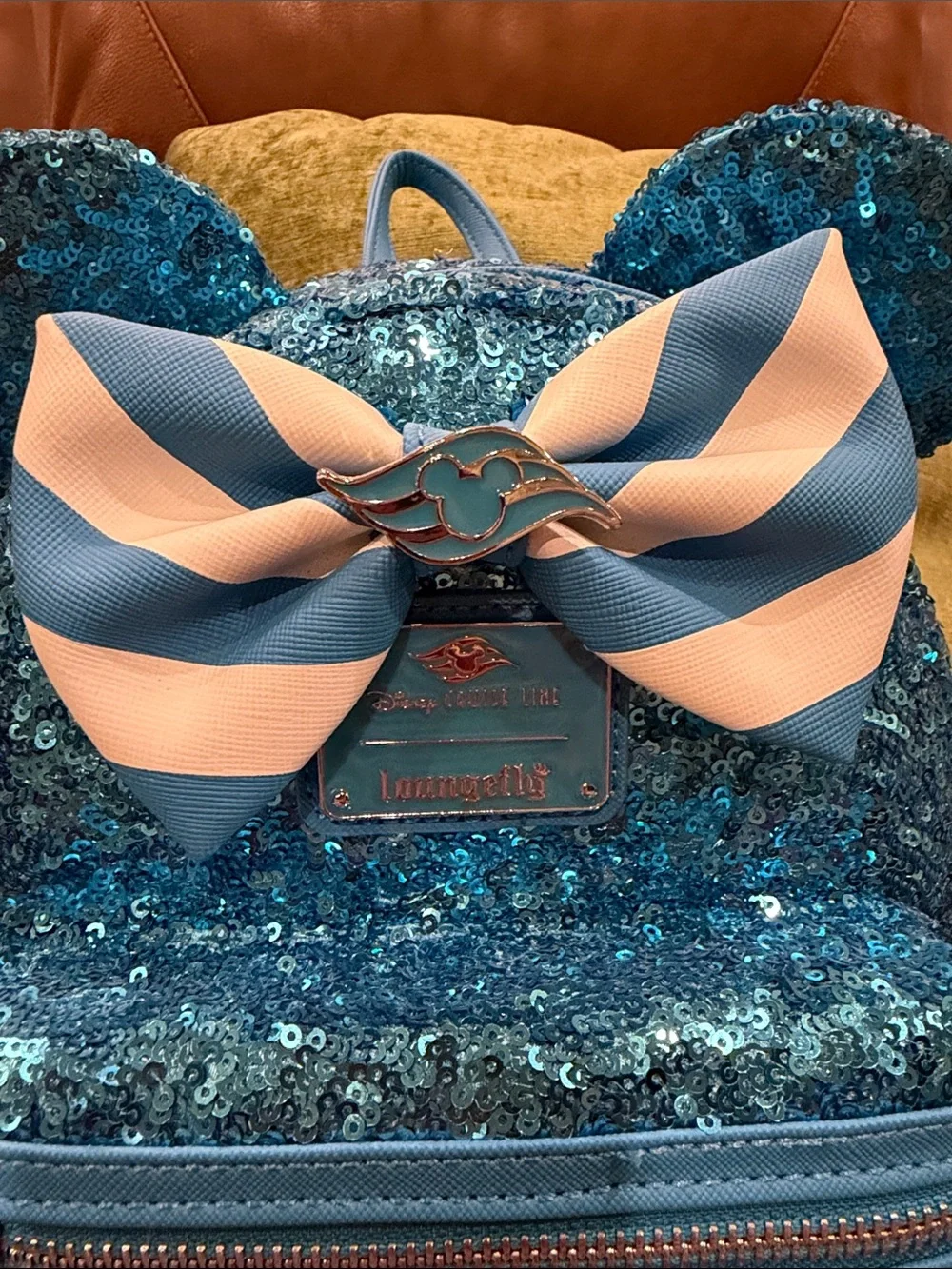 Disney Cruise Line Loungefly Aqua Sequin Backpack with Striped Bow